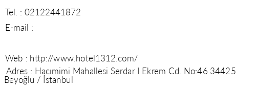 Hotel 1312 telefon numaralar, faks, e-mail, posta adresi ve iletiim bilgileri
